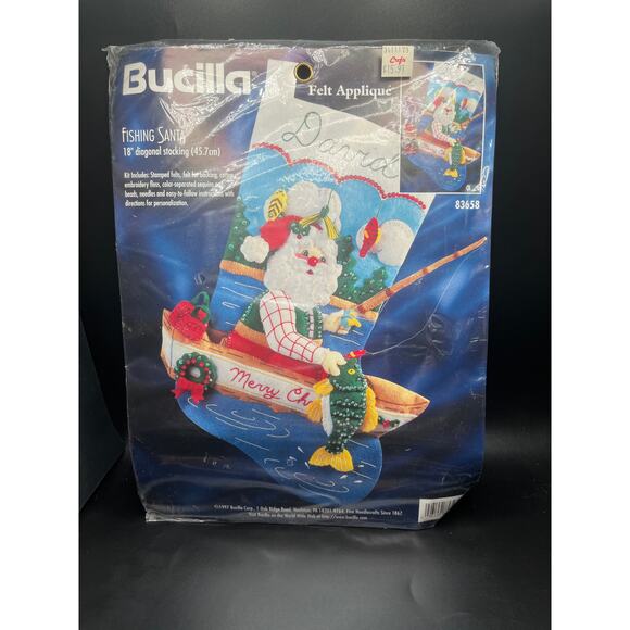 VTG Bucilla KIT Christmas Stocking 83658 FISHING SANTA 18" FELT APPLIQUE NEW NOS - Picture 1 of 2